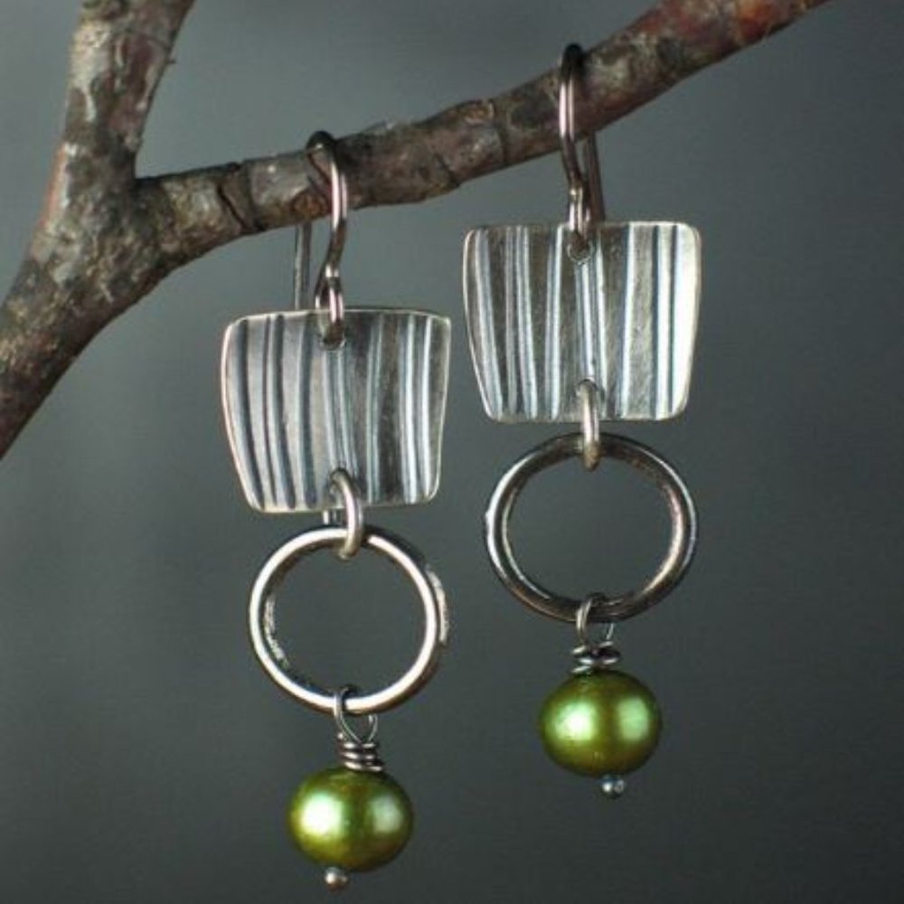 Silver Dangle Earrings with Green Pearl